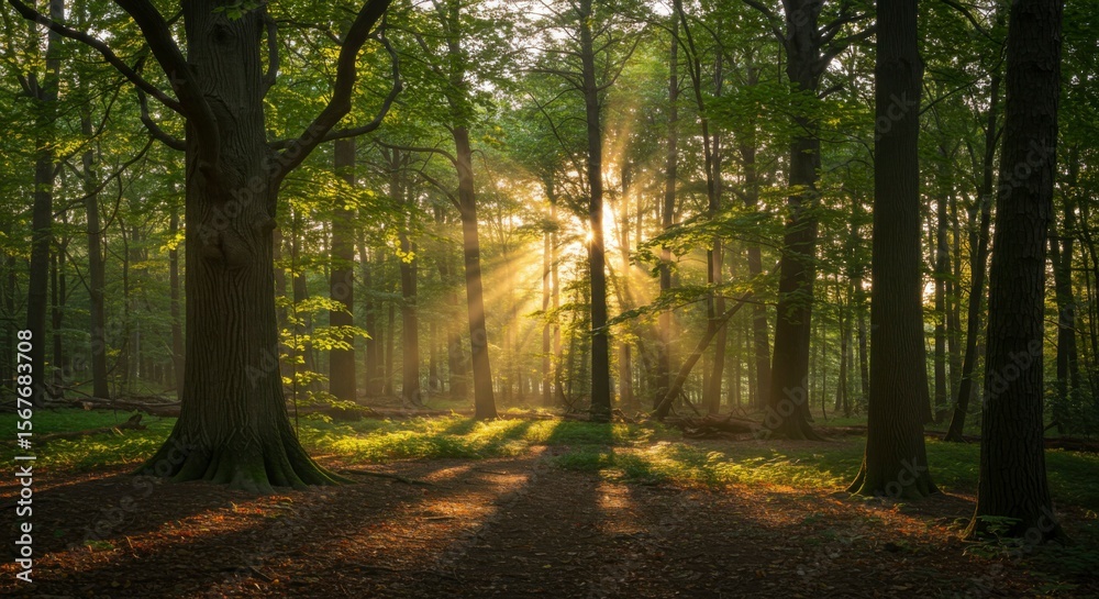 Obraz premium Sunbeams pierce a misty forest at dawn, illuminating the forest floor and creating a magical atmosphere