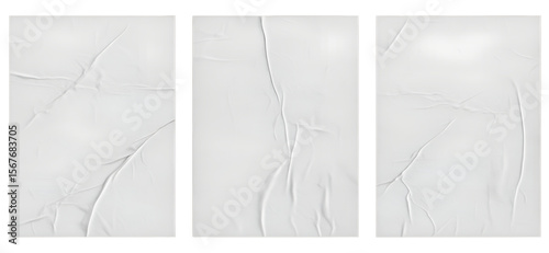Collection of Three White Blank Wrinkled Paper Posters with Realistic Creases and Folds for Mockup Designs