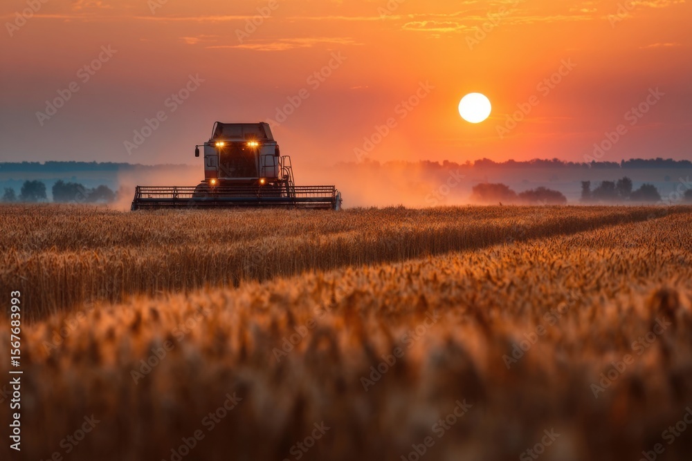 Fototapeta premium A combine harvester works efficiently as the sun sets, casting warm hues over expansive wheat fields in rural countryside