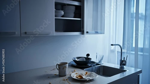 A modern kitchen with a messy countertop. Dirty dishes, a coffee mug, and food remnants are scattered. Natural light filters through a window.