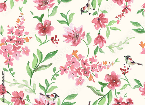  Pink and green watercolour textured connecting seamless floral pattern