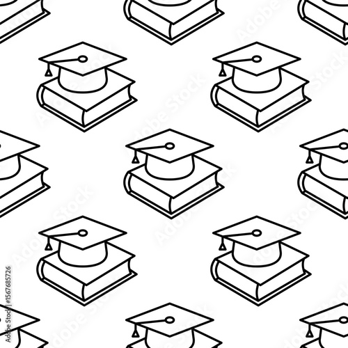 Seamless pattern of graduation caps on books symbolizing academic achievement and education.