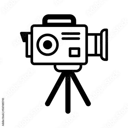 Outline vector icon of a vintage movie camera on a tripod.
