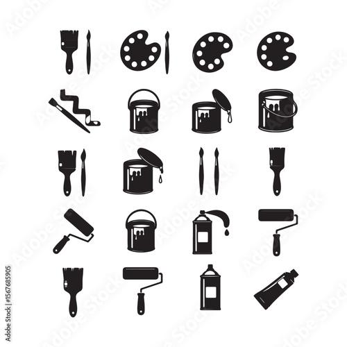 Diverse painting tools and supplies paint brushes paint palettes