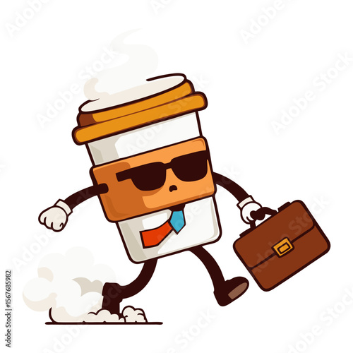 the character puts on a tie and glasses, rushes with a briefcase. Steam forms speech bubbles. Office-themed Humor