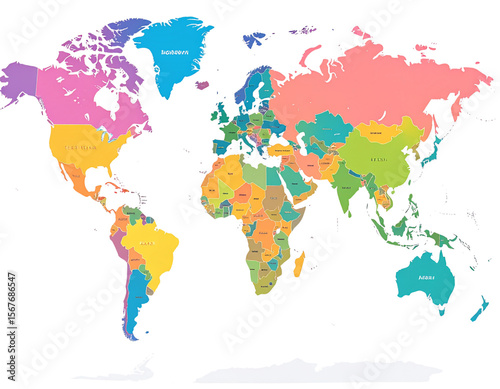  Flat World Map Infographic Style with Colorful Continents, Transparent Background
