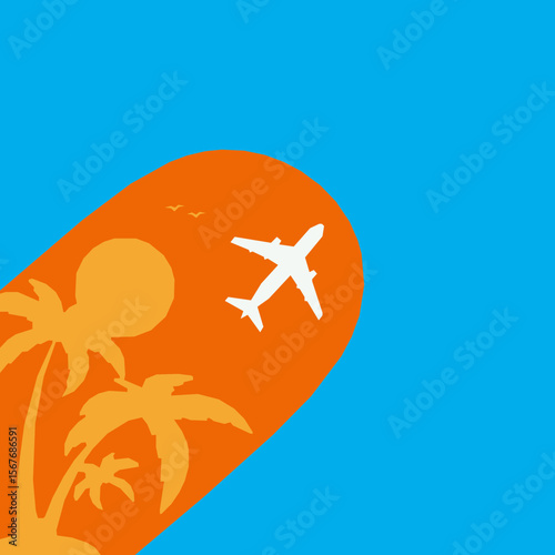 A picturesque tropical travel scene with an airplane flying over palm trees and the ocean.