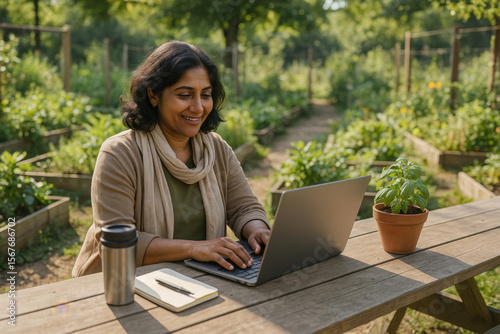 Smiling farmer working with laptop in beautiful garden