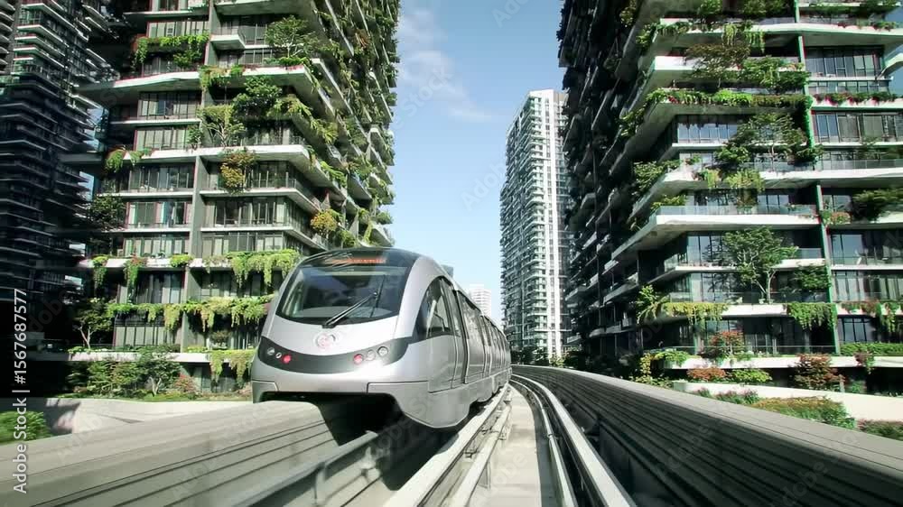 Elevated train passing through lush vertical gardens on city street modern architecture