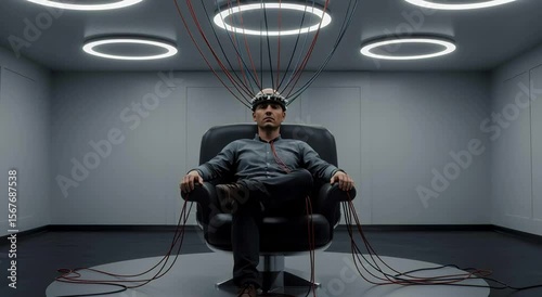 Man with brainwave scanner sitting in chair, wired to a machine for mind control research.