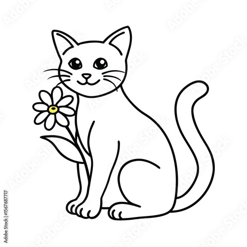 Cat holding flower with shy smile and sweet pose on white background Vector illustration