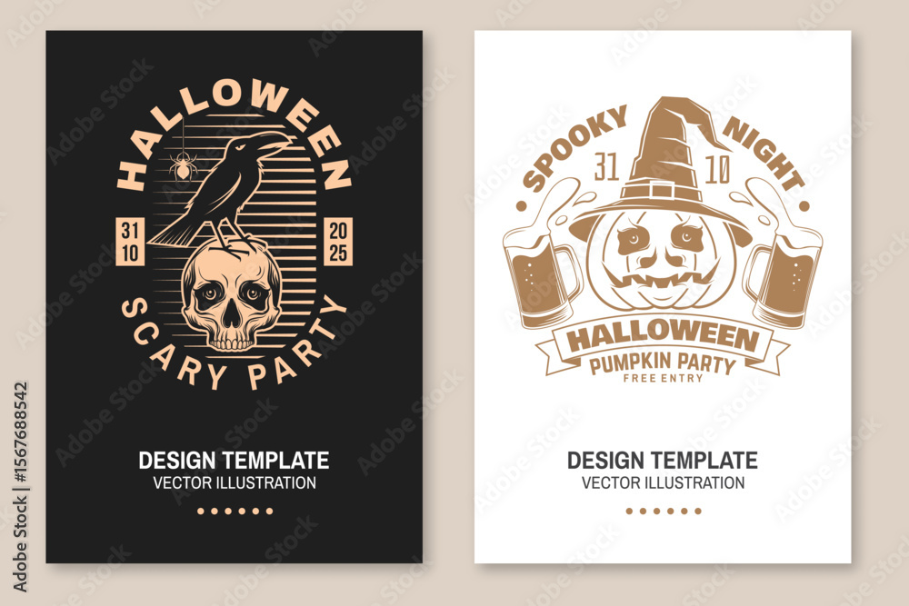 Obraz premium Happy Halloween flyer, poster, banner design. Vector illustration. For holiday Halloween design, shirt, logo, badge, decorations, cards, banner with pumpkin in wizard hat, beer, human skull and raven