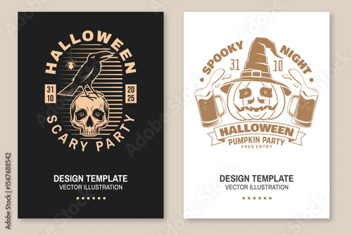 Happy Halloween flyer, poster, banner design. Vector illustration. For holiday Halloween design, shirt, logo, badge, decorations, cards, banner with pumpkin in wizard hat, beer, human skull and raven
