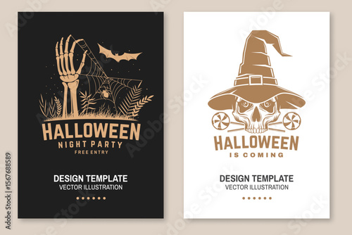 Halloween night party flyer, poster, banner design. Vector illustration. For holiday Halloween design, shirt, logo, badge, decorations, cards, banner with skull hand sticking out of grave, skull