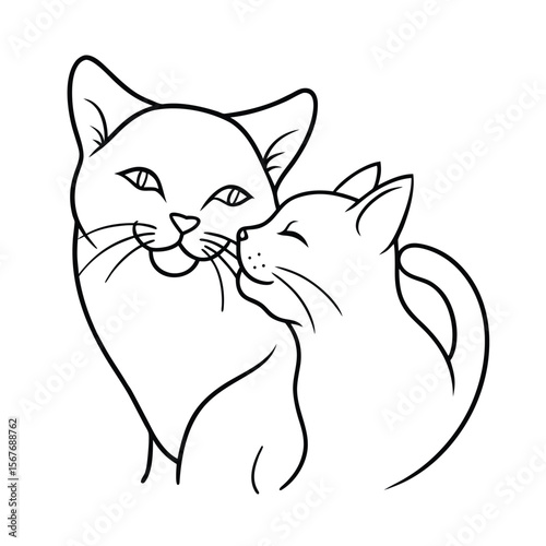 Loving cat licking partner gently in minimalist style on white background Vector illustration