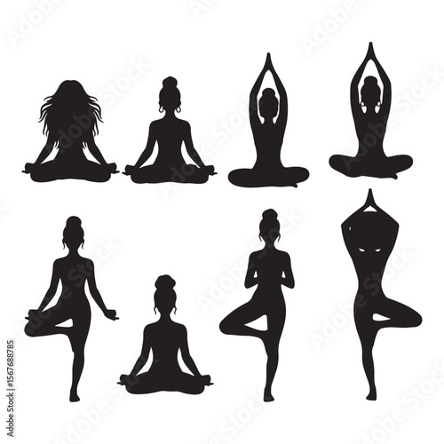 Diverse yoga poses silhouettes of women in meditation and balance woman