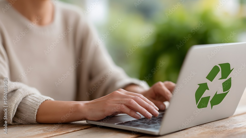 Naklejka premium A person typing on their laptop with a green recycling icon and code on the screen, Generative AI