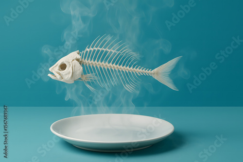 Skeleton Fish on a blue background. Summer concept