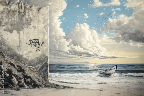Sailboat on ocean with beach waves and coastal landscape
