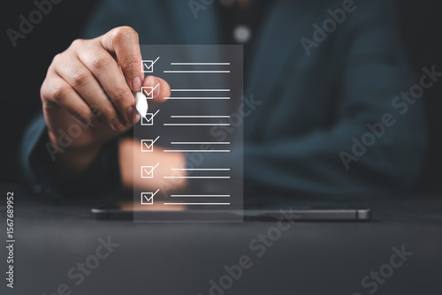 Check list concept. Business goal. Audit report. Businessman tick off questionnaire, survey, test, checklist, business question, approve check. Digital checklist option. Paperless document list.