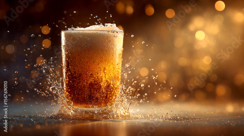 Freshly poured beer glass with splashing effect against warm bokeh background