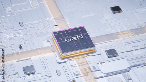 Tableau sur toile 3D rendering of a GaN (gallium nitride) semiconductor chip placed on a detailed