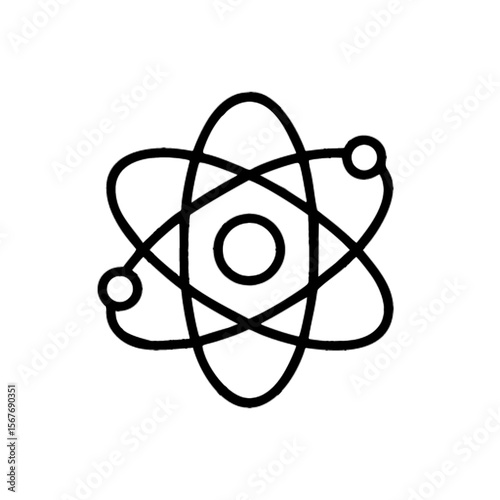 Vector illustration of a atom icon with central nucleus elliptical orbit rings around it and electron, outline style - physics, chemistry, and science concept