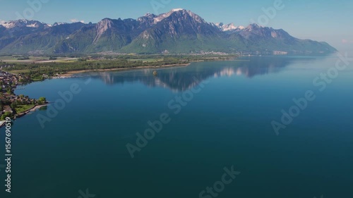 Wallpaper Mural A panoramic aerial view around the old town of the city Montreux in Switzerland on a sunny spring noon Torontodigital.ca