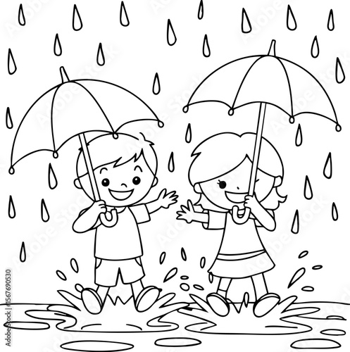 Children Jumping in Rain Puddles Line Art Vector Illustration