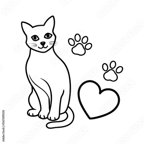 Cat sitting next to paw print heart design on white background Vector illustration