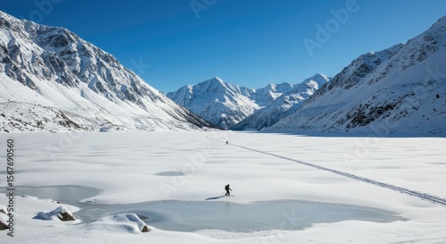Winter Landscape of a Person Walking Across a Snowy Valley Surrounded by Snow Covered Mountains Under a Clear Blue Sky