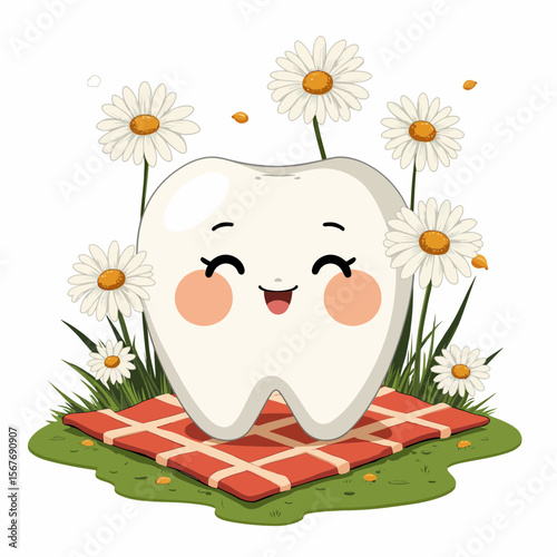 Happy cartoon tooth sitting on red blanket among daisies in garden  