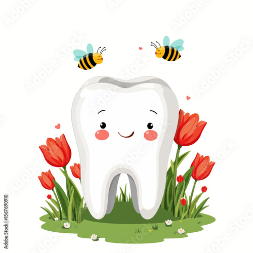 Cartoon tooth character smiling among flowers and bees  