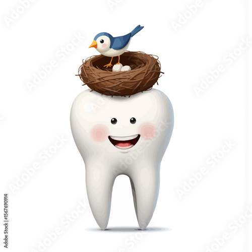 Cartoon tooth character with a bird nest and bluebird on top  