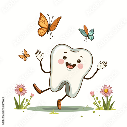 Happy tooth character dancing with butterflies among flowers  