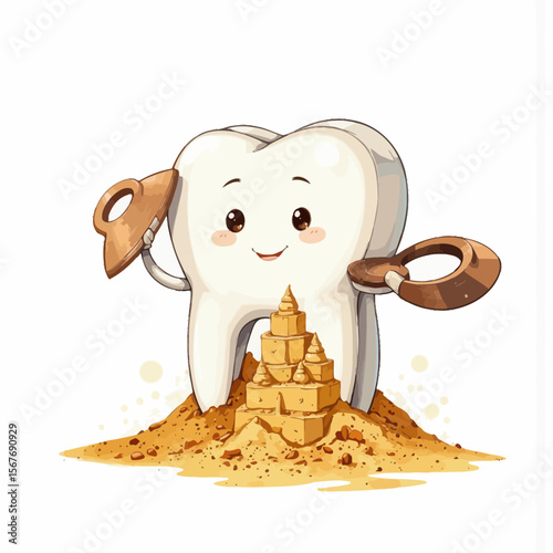Cartoon tooth character building sandcastle with shovel and bucket  
