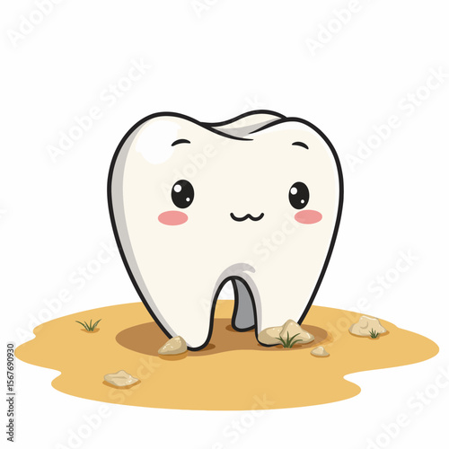 Cartoon tooth character standing on sandy ground with happy expression  