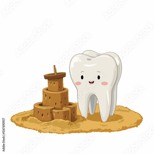 Cartoon tooth building a sandcastle on the beach with a smile  