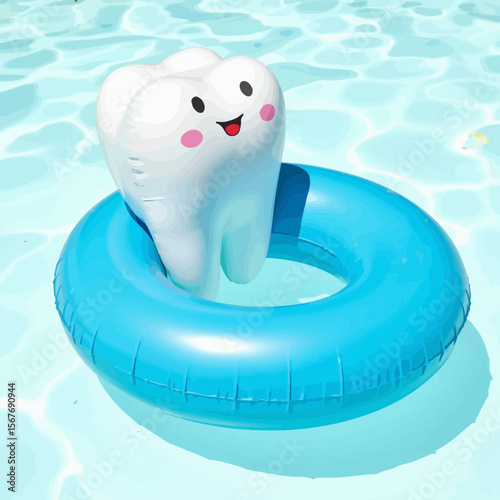 Tooth-shaped float in blue inner tube on sunny pool water  