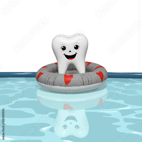 Inflatable tooth character floating in pool on summer day  
