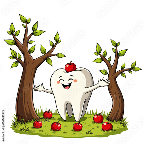 Cartoon tooth character smiling with apples and trees in garden  