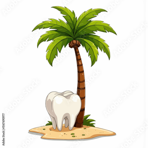 Cartoon tooth and palm tree on sandy beach background  