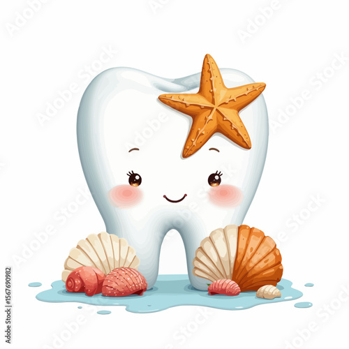Smiling tooth character with starfish and seashells on beach background  