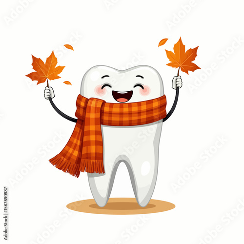 Cartoon tooth character celebrating autumn with orange leaves  