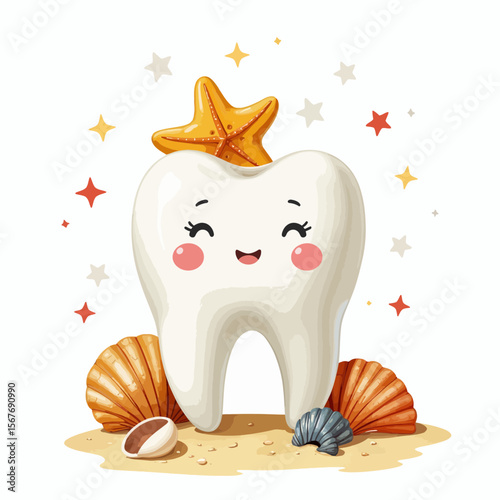 Cute tooth character wearing starfish on sandy beach with shells  