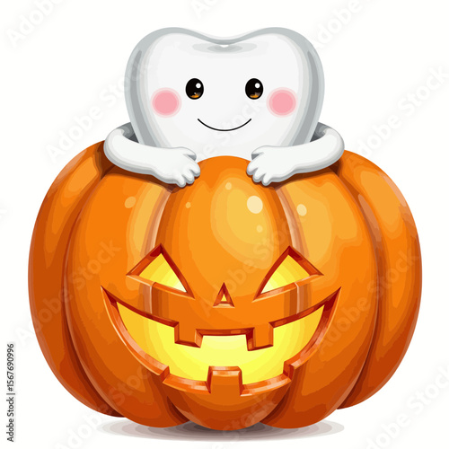 Happy tooth character peeking from carved pumpkin for Halloween  