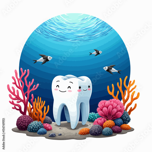 Cartoon teeth characters smiling among colorful coral reefs underwater  