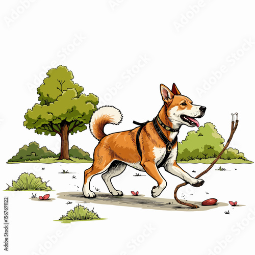 Dog walking happily with leash on sunny day in park  