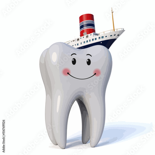 Cartoon tooth character smiling with a ship on top isolated  
