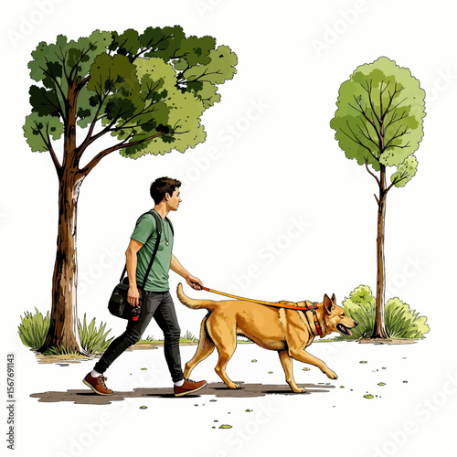 Man walking a dog in a park surrounded by trees  